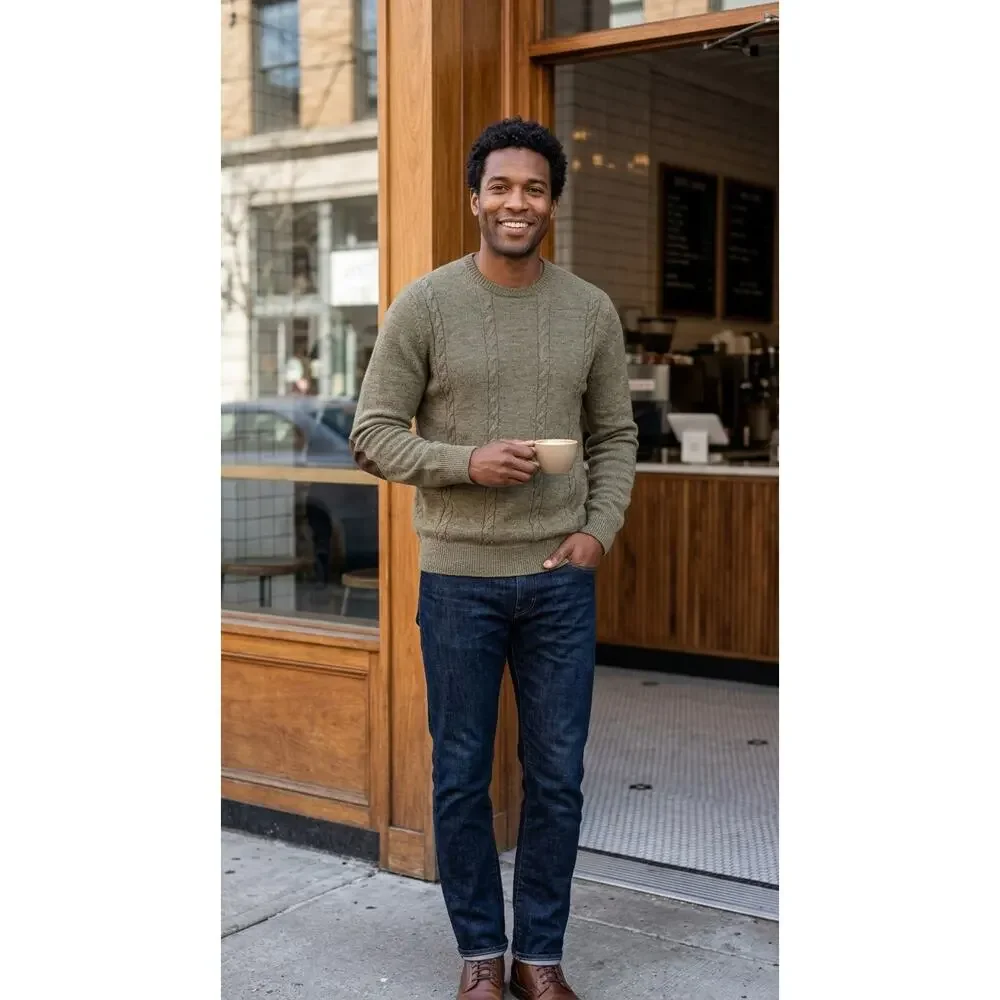 J.Crew Slim Wool Olive Green Cable Knit Crew Neck Sweater Men Size L
